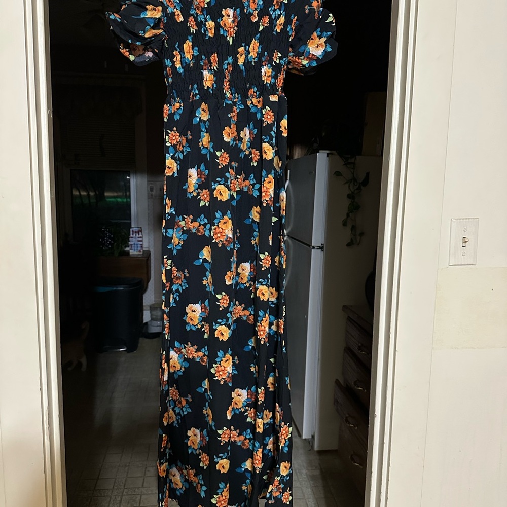Floral Maxi Dress - Black and Orange
